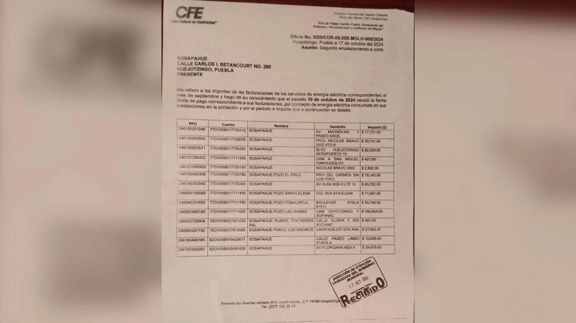 Documento de vencimiento de fecha limite de pago de facturaciones 